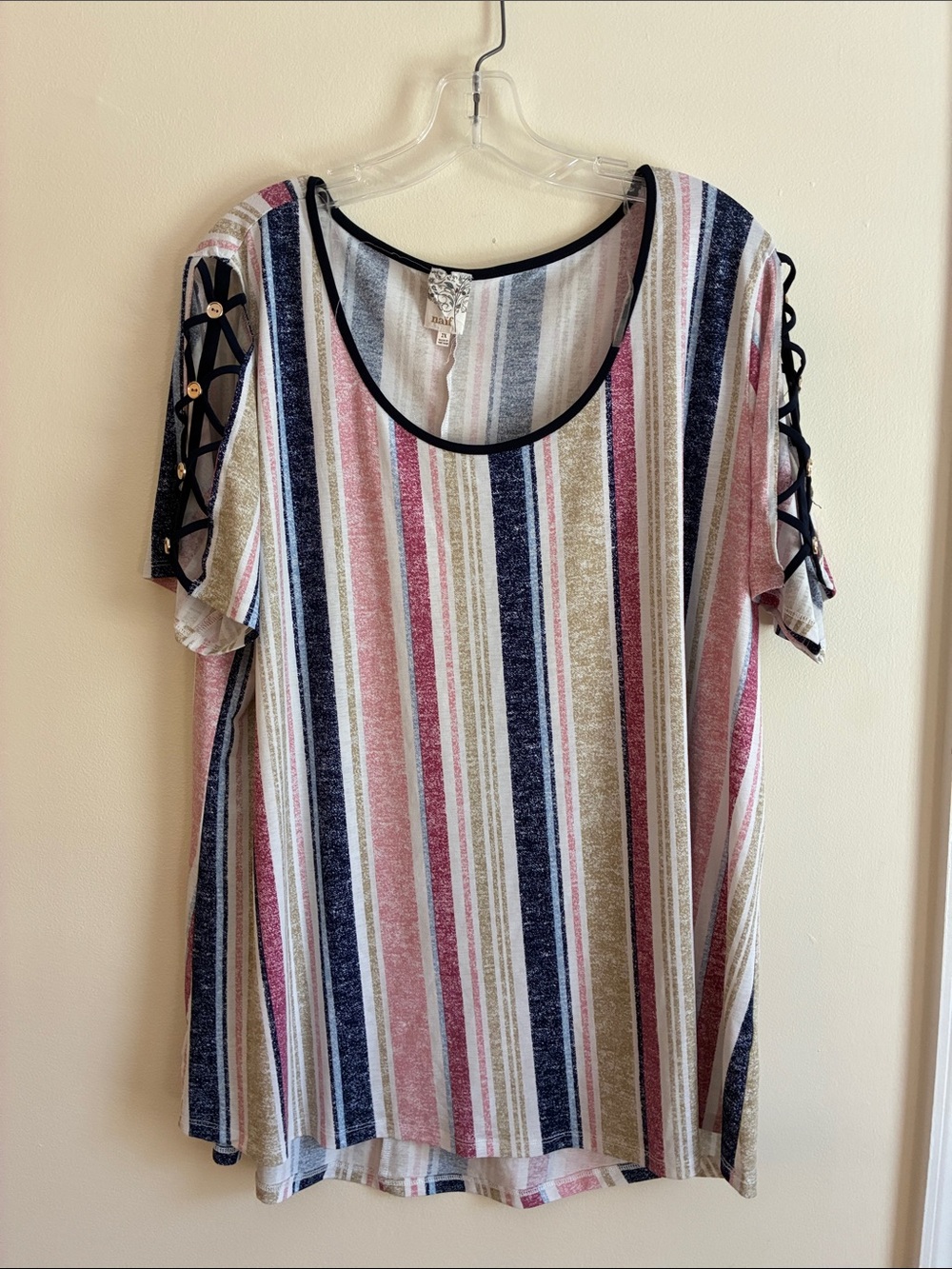 NAIF Striped Scoop Neck Short Sleeve Top in Pink, Navy & Cream